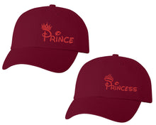 Load image into Gallery viewer, Prince and Princess matching caps for couples, Maroon baseball caps.Red Glitter color Vinyl Design