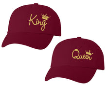 Load image into Gallery viewer, King and Queen matching caps for couples, Maroon baseball caps.Gold Glitter color Vinyl Design