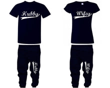 Load image into Gallery viewer, Hubby Wifey shirts, matching top and bottom set, Navy Blue t shirts, men joggers, shirt and jogger pants women. Matching couple joggers