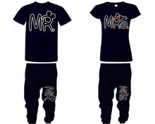 Load image into Gallery viewer, Mr Mrs shirts, matching top and bottom set, Navy Blue t shirts, men joggers, shirt and jogger pants women. Matching couple joggers