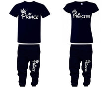將圖片載入圖庫檢視器 Prince Princess shirts, matching top and bottom set, Navy Blue t shirts, men joggers, shirt and jogger pants women. Matching couple joggers
