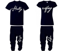 Load image into Gallery viewer, Hubby Wifey shirts, matching top and bottom set, Navy Blue t shirts, men joggers, shirt and jogger pants women. Matching couple joggers