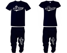 Load image into Gallery viewer, Her King His Queen shirts, matching top and bottom set, Navy Blue t shirts, men joggers, shirt and jogger pants women. Matching couple joggers