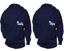 Load image into Gallery viewer, Hubby and Wifey zipper hoodies, Matching couple hoodies, Navy Blue zip up hoodie for man, Navy Blue zip up hoodie womens