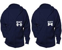 Load image into Gallery viewer, Beast and Beauty zipper hoodies, Matching couple hoodies, Navy Blue zip up hoodie for man, Navy Blue zip up hoodie womens