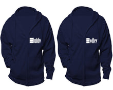 Load image into Gallery viewer, Hubby and Wifey zipper hoodies, Matching couple hoodies, Navy Blue zip up hoodie for man, Navy Blue zip up hoodie womens