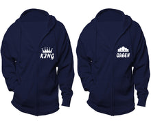 將圖片載入圖庫檢視器 King and Queen zipper hoodies, Matching couple hoodies, Navy Blue zip up hoodie for man, Navy Blue zip up hoodie womens