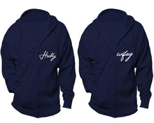 Load image into Gallery viewer, Hubby and Wifey zipper hoodies, Matching couple hoodies, Navy Blue zip up hoodie for man, Navy Blue zip up hoodie womens