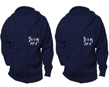 Load image into Gallery viewer, She's My Number 1 and He's My Number 1 zipper hoodies, Matching couple hoodies, Navy Blue zip up hoodie for man, Navy Blue zip up hoodie womens