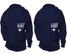Load image into Gallery viewer, She's My Baby Mama and He's My Baby Daddy zipper hoodies, Matching couple hoodies, Navy Blue zip up hoodie for man, Navy Blue zip up hoodie womens