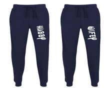 Load image into Gallery viewer, Hubby and Wifey matching jogger pants, Navy Blue sweatpants for mens, jogger set womens. Matching couple joggers.