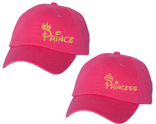 Load image into Gallery viewer, Prince and Princess matching caps for couples, Neon Pink baseball caps.Gold Glitter color Vinyl Design
