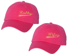 Load image into Gallery viewer, Hubby and Wifey matching caps for couples, Neon Pink baseball caps.Gold Glitter color Vinyl Design