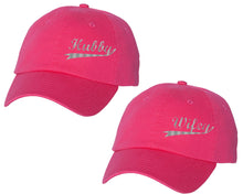 Load image into Gallery viewer, Hubby and Wifey matching caps for couples, Neon Pink baseball caps.Silver Foil color Vinyl Design