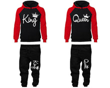 Load image into Gallery viewer, King Queen matching top and bottom set, Red Black raglan hoodie and sweatpants sets for mens, raglan hoodie and jogger set womens. Matching couple joggers.