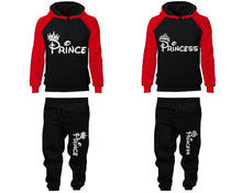 將圖片載入圖庫檢視器 Prince Princess matching top and bottom set, Red Black raglan hoodie and sweatpants sets for mens, raglan hoodie and jogger set womens. Matching couple joggers.