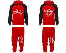 Load image into Gallery viewer, Hubby Wifey matching top and bottom set, Black Red raglan hoodie and sweatpants sets for mens, raglan hoodie and jogger set womens. Matching couple joggers.