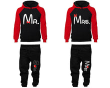 Load image into Gallery viewer, Mr Mrs matching top and bottom set, Red Black raglan hoodie and sweatpants sets for mens, raglan hoodie and jogger set womens. Matching couple joggers.