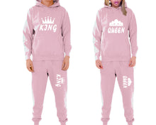 將圖片載入圖庫檢視器 King and Queen matching top and bottom set, Pink pullover hoodie and sweatpants sets for mens, pullover hoodie and jogger set womens. Matching couple joggers.