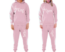 Load image into Gallery viewer, Her King and His Queen matching top and bottom set, Pink pullover hoodie and sweatpants sets for mens, pullover hoodie and jogger set womens. Matching couple joggers.