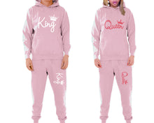 將圖片載入圖庫檢視器 King and Queen matching top and bottom set, Pink pullover hoodie and sweatpants sets for mens, pullover hoodie and jogger set womens. Matching couple joggers.