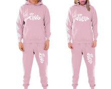 Load image into Gallery viewer, Her King and His Queen matching top and bottom set, Pink pullover hoodie and sweatpants sets for mens, pullover hoodie and jogger set womens. Matching couple joggers.
