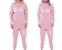 Load image into Gallery viewer, Her King and His Queen matching top and bottom set, Pink pullover hoodie and sweatpants sets for mens, pullover hoodie and jogger set womens. Matching couple joggers.