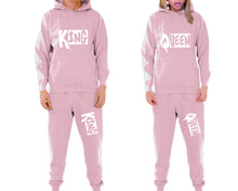 將圖片載入圖庫檢視器 King and Queen matching top and bottom set, Pink pullover hoodie and sweatpants sets for mens, pullover hoodie and jogger set womens. Matching couple joggers.