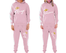 將圖片載入圖庫檢視器 King and Queen matching top and bottom set, Pink pullover hoodie and sweatpants sets for mens, pullover hoodie and jogger set womens. Matching couple joggers.