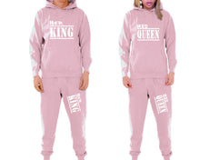 Load image into Gallery viewer, Her King and His Queen matching top and bottom set, Pink pullover hoodie and sweatpants sets for mens, pullover hoodie and jogger set womens. Matching couple joggers.