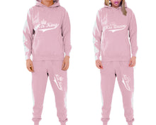 Load image into Gallery viewer, Her King and His Queen matching top and bottom set, Pink pullover hoodie and sweatpants sets for mens, pullover hoodie and jogger set womens. Matching couple joggers.