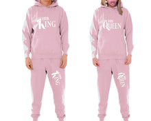 Load image into Gallery viewer, Her King and His Queen matching top and bottom set, Pink pullover hoodie and sweatpants sets for mens, pullover hoodie and jogger set womens. Matching couple joggers.