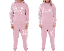 Load image into Gallery viewer, King and Queen matching top and bottom set, Pink pullover hoodie and sweatpants sets for mens, pullover hoodie and jogger set womens. Matching couple joggers.