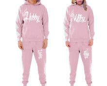Load image into Gallery viewer, Hubby and Wifey matching top and bottom set, Pink pullover hoodie and sweatpants sets for mens, pullover hoodie and jogger set womens. Matching couple joggers.