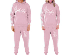 Load image into Gallery viewer, Hubby and Wifey matching top and bottom set, Pink pullover hoodie and sweatpants sets for mens, pullover hoodie and jogger set womens. Matching couple joggers.
