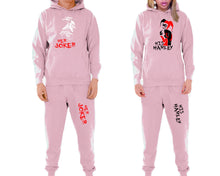 Load image into Gallery viewer, Her Joker and His Harley matching top and bottom set, Pink pullover hoodie and sweatpants sets for mens, pullover hoodie and jogger set womens. Matching couple joggers.