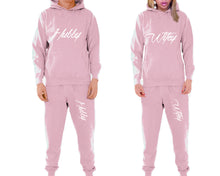 Load image into Gallery viewer, Hubby and Wifey matching top and bottom set, Pink pullover hoodie and sweatpants sets for mens, pullover hoodie and jogger set womens. Matching couple joggers.