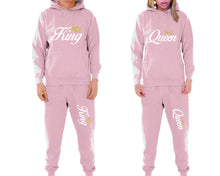 將圖片載入圖庫檢視器 King and Queen matching top and bottom set, Pink pullover hoodie and sweatpants sets for mens, pullover hoodie and jogger set womens. Matching couple joggers.
