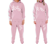 Load image into Gallery viewer, Hubby and Wifey matching top and bottom set, Pink pullover hoodie and sweatpants sets for mens, pullover hoodie and jogger set womens. Matching couple joggers.