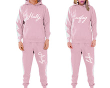 將圖片載入圖庫檢視器 Hubby and Wifey matching top and bottom set, Pink pullover hoodie and sweatpants sets for mens, pullover hoodie and jogger set womens. Matching couple joggers.