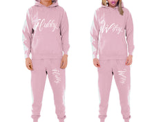 Load image into Gallery viewer, Hubby and Wifey matching top and bottom set, Pink pullover hoodie and sweatpants sets for mens, pullover hoodie and jogger set womens. Matching couple joggers.