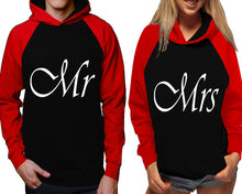 Load image into Gallery viewer, Mr and Mrs raglan hoodies, Matching couple hoodies, Red Black his and hers man and woman contrast raglan hoodies