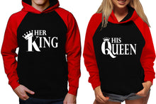 Load image into Gallery viewer, Her King and His Queen raglan hoodies, Matching couple hoodies, Red Black King Queen design on man and woman hoodies