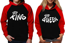 Load image into Gallery viewer, Her King and His Queen raglan hoodies, Matching couple hoodies, Red Black King Queen design on man and woman hoodies