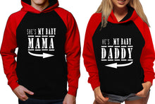 Load image into Gallery viewer, She's My Baby Mama and He's My Baby Daddy raglan hoodies, Matching couple hoodies, Red Black his and hers man and woman contrast raglan hoodies