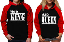 Load image into Gallery viewer, Her King and His Queen raglan hoodies, Matching couple hoodies, Red Black King Queen design on man and woman hoodies