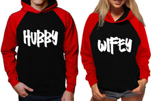 Load image into Gallery viewer, Hubby and Wifey raglan hoodies, Matching couple hoodies, Red Black King Queen design on man and woman hoodies