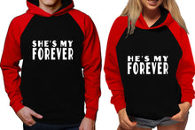 Load image into Gallery viewer, She's My Forever and He's My Forever raglan hoodies, Matching couple hoodies, Red Black his and hers man and woman contrast raglan hoodies