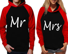 Load image into Gallery viewer, Mr and Mrs raglan hoodies, Matching couple hoodies, Red Black his and hers man and woman contrast raglan hoodies