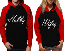 將圖片載入圖庫檢視器 Hubby and Wifey raglan hoodies, Matching couple hoodies, Red Black his and hers man and woman contrast raglan hoodies